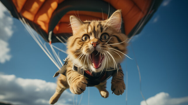 Funny cat skydiving with a parachute.  Generative AI