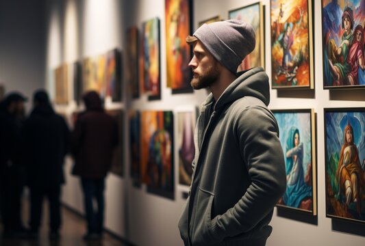 man in hoodie looking at paintings on wall of art gallery, candid portraits, dragon art