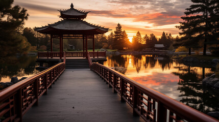 Beautiful Japanese landscape with a traditional bridge and gazebo. Generative AI