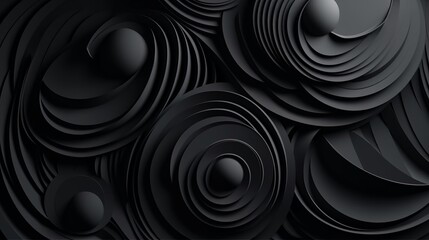 Black 3D circles and shapes abstract background texture.