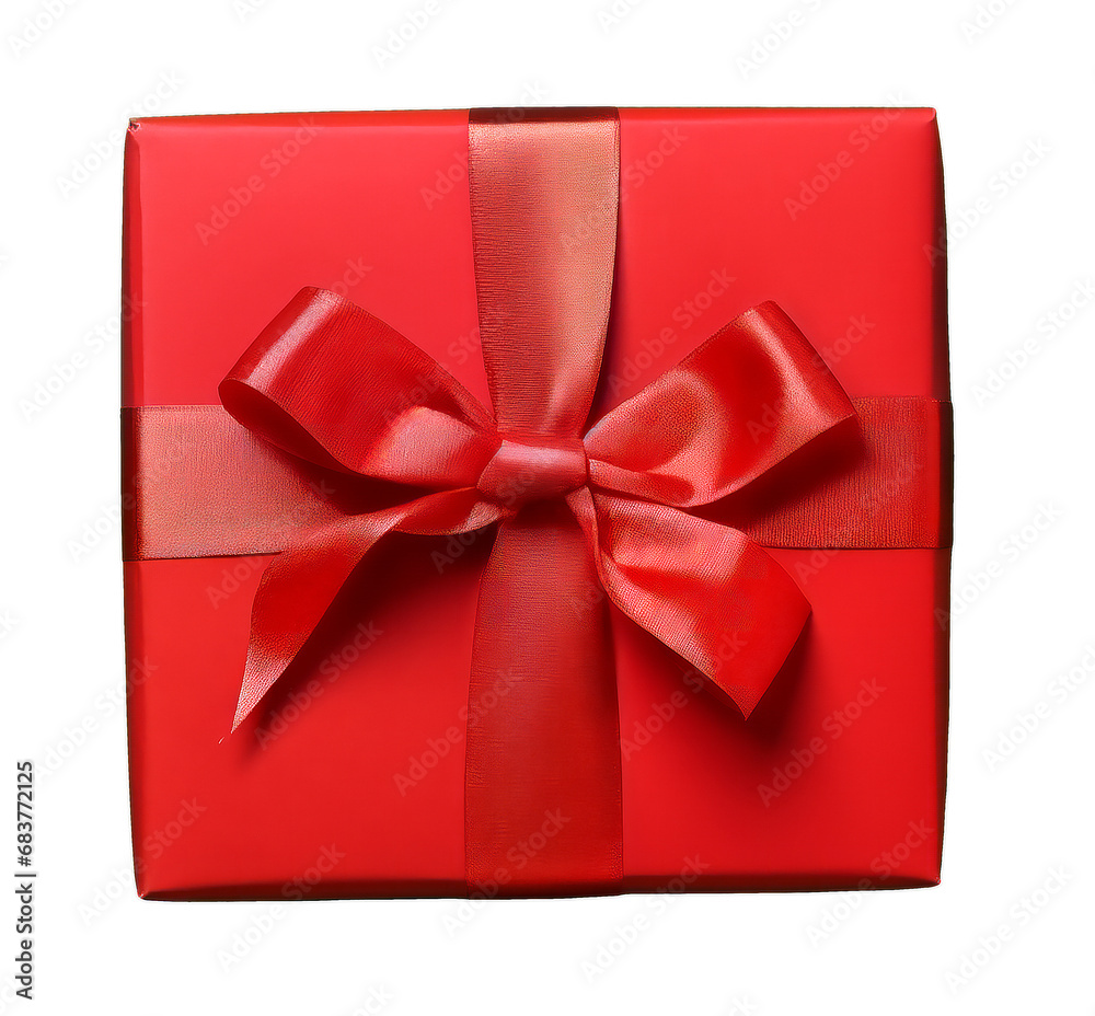 Aufkleber top view of a glossy red gift box with a satin ribbon on a transparent background. celebration conce
