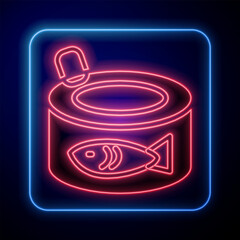 Glowing neon Canned fish icon isolated on black background. Vector