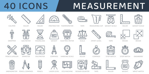 Measurement and Measuring Tool or  Measuring Elements Icon Set. Vector Line art Icon