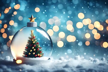 Shiny Christmas Tree In Snow Globe sky color bokeh background. Banner. 