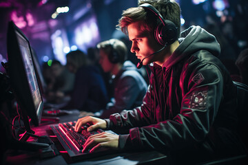 Obraz premium team of teenage esports players with headphones playing at computers at online games championship