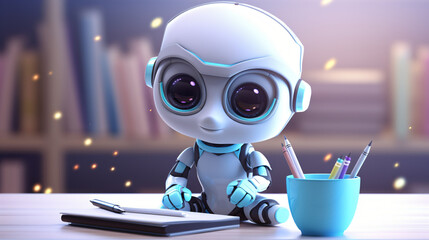 Cute artificial intelligence robot with notebook