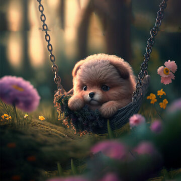 puppy in the garden with swing in the jola and flowers bg