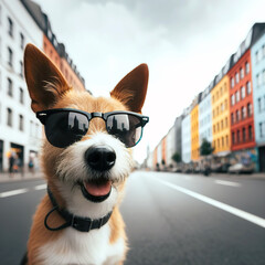 Cute dog in sunglasses on the street