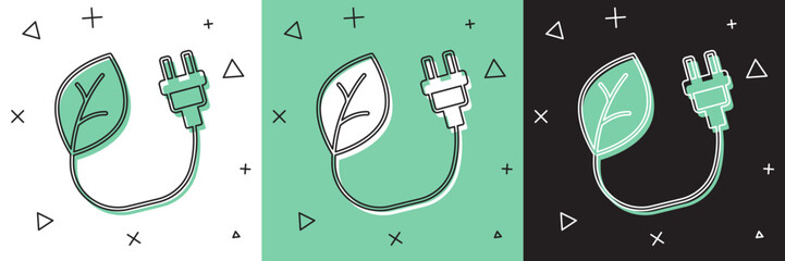Set Electric saving plug in leaf icon isolated on white and green, black background. Save energy electricity. Environmental protection. Bio energy. Vector