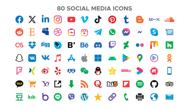 Simple flat social media icons collection - colorful icon set, minimal design