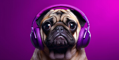 pug with headphones wearing purple on purple background, colorful, eye-catching compositions, high gloss - obrazy, fototapety, plakaty