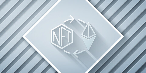 Paper cut Ethereum exchange NFT icon isolated on grey background. Non fungible token. Digital crypto art concept. Paper art style. Vector
