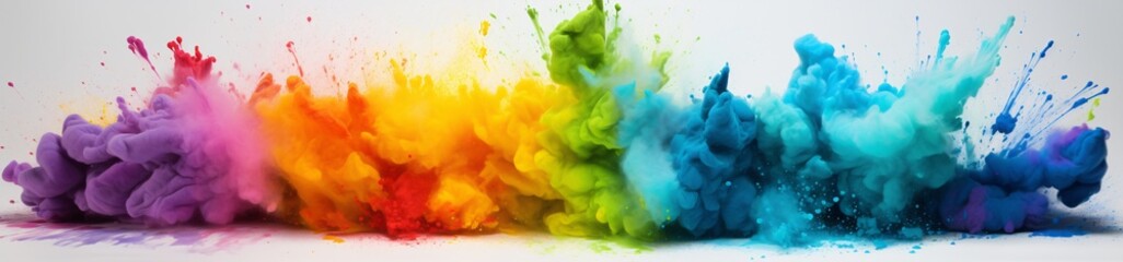 rainbow colored powder is spray painted on the background of white background impressionist collages with primary colors light blue and green, header size - obrazy, fototapety, plakaty