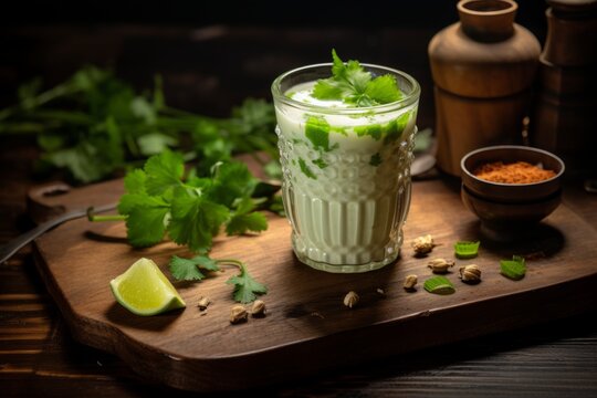 A refreshing glass of traditional Indian Chaas, beautifully garnished with fresh coriander leaves, served on a rustic wooden table with a side of spicy masala