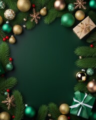 Merry Christmas and Happy Holidays greeting card, frame, banner. New Year. Noel. Christmas ornaments and gift on green background top view. Winter xmas holiday theme. Flat lay