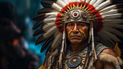 Fototapeta premium Native American Warrior in Ceremonial Attire Digital Painting Style