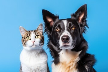 Tabby cat and border collie dog against blue gradient background