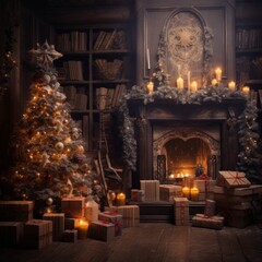 interior christmas. magic glowing tree, fireplace, gifts in dark 