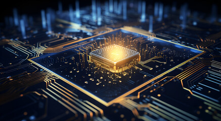 Abstract futuristic cpu processor digital illustration, microchip technology design, microchip on a circuit board, dark theme