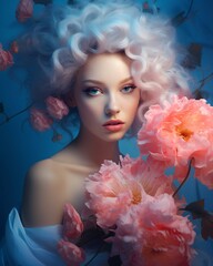 woman holding pink flowers and wearing makeup in an artistic way, cyan and amber, intense gaze, luminescent color scheme