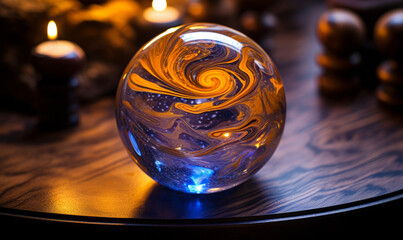 Translucent marble ball with fiery swirls on a reflective wooden surface.