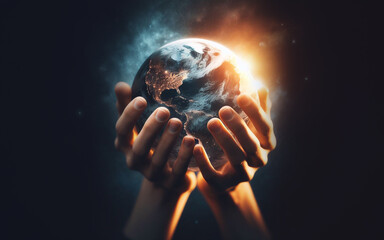 Two hands extended forward In my hand there is a small world Concept of protecting the earth saving the world - obrazy, fototapety, plakaty