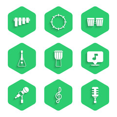 Set Drum, Treble clef, Microphone, Music note, tone, Guitar, and Pan flute icon. Vector