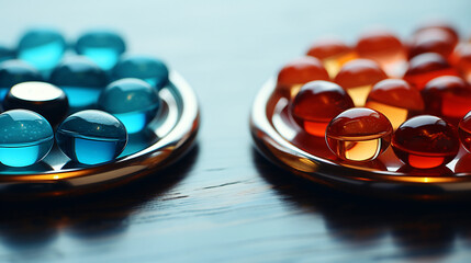 two bowls stand next to each other, one with red pills, the other with blue pills - obrazy, fototapety, plakaty
