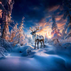Reindeer standing in snowy landscape（雪景色に佇むトナカイ）GenerativeAI