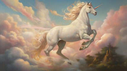 Painting of a unicorn in the clouds
