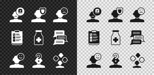 Set Male doctor, Psychology, Sad and depressed man, bad mood, Good, Human with question mark, Schizophrenia, Psychological test and Sedative pills icon. Vector