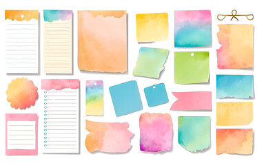 watercolor set of list sheet digital cute sticky notes memo on transparent background - obrazy, fototapety, plakaty
