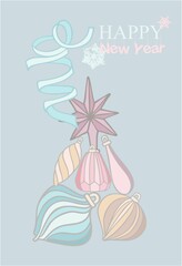 A ready-to-print poster (card) on a New Year's and Christmas theme made of cartoon elements in pastel colors with text. Handmade digital illustration