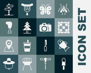 Set Ice cream, Fish, Checkered napkin, Butterfly, Tree, Chicken leg, Road traffic sign and Photo camera icon. Vector