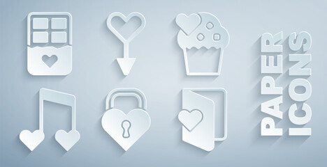 Set Castle in the shape of heart, Wedding cake, Music note, tone with hearts, Valentines day flyer, Female gender symbol and Chocolate bar icon. Vector