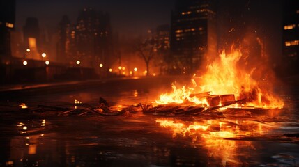 Roaring fire in the city.