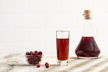 Cranberry liqueur. Berry alcoholic cocktail liqueur, vodka, ice. Refreshing cool drink, berry liqueur or red alcoholic cocktail.