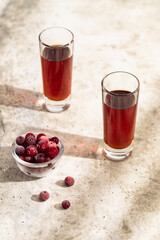 Cranberry liqueur. Berry alcoholic cocktail liqueur, vodka, ice. Refreshing cool drink, berry liqueur or red alcoholic cocktail.