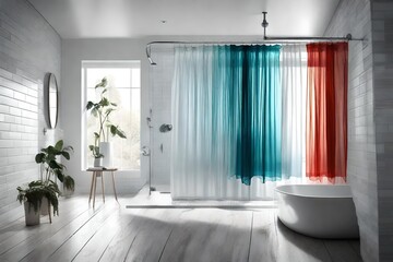 A shower curtain in motion, adding a splash of color and privacy.  - obrazy, fototapety, plakaty