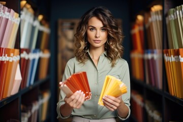 Woman is holding out colorful paint samples in the style of album, Folio and fan formats.