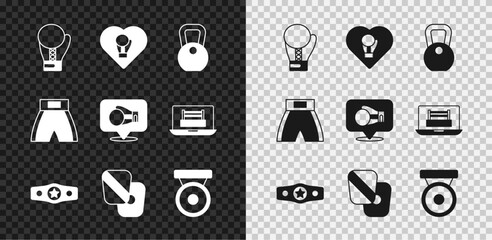 Set Boxing glove, Weight, belt, training paws, gong, short and icon. Vector
