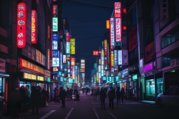 東京のネオンが煌めく夜の街角で、色とりどりの看板と歩行者が溢れる情景
