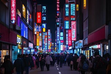 東京のネオンが煌めく夜の街角で、色とりどりの看板と歩行者が溢れる情景 - obrazy, fototapety, plakaty