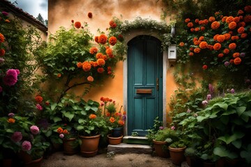 A back door leading to a private garden with colorful flowers and greenery. 
