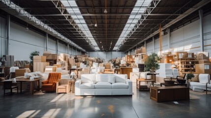 Warehouse full of furniture and appliances. - obrazy, fototapety, plakaty