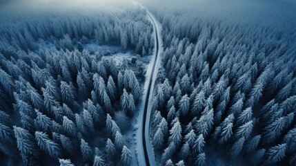 Route sinueuse vu par un drone aérienne dans la forêt canadienne en hiver