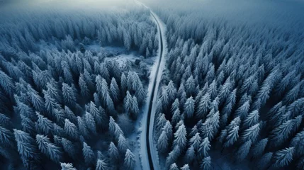 Foto op Plexiglas Route sinueuse vu par un drone aérienne dans la forêt canadienne en hiver © jp
