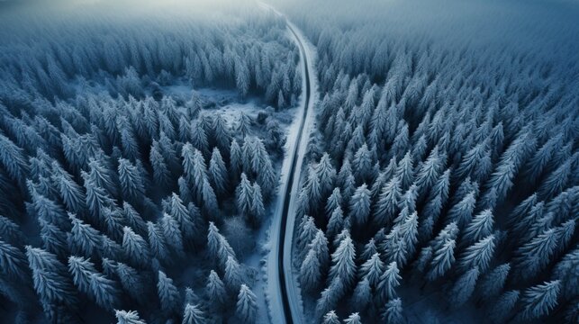 Route sinueuse vu par un drone a&eacute;rienne dans la for&ecirc;t canadienne en hiver