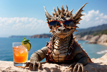 A dragon on the sea drinks cocktails. Sea