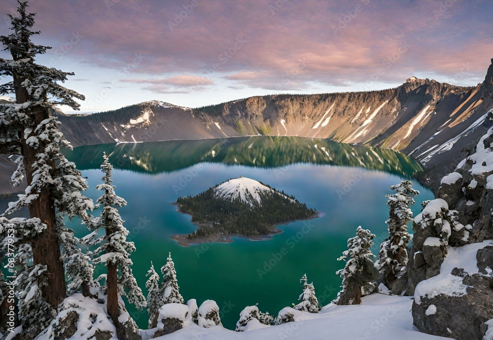 Wall mural Emerald Isles: Oregon's Crater Lake Morning Reflections.